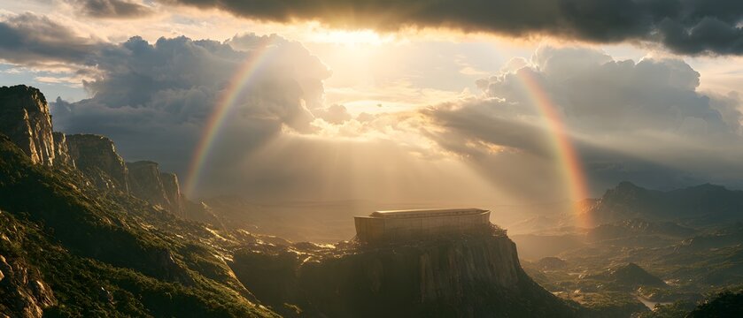 Noahs ark resting on a mountain peak under a dramatic sky with a double rainbow after the great flood