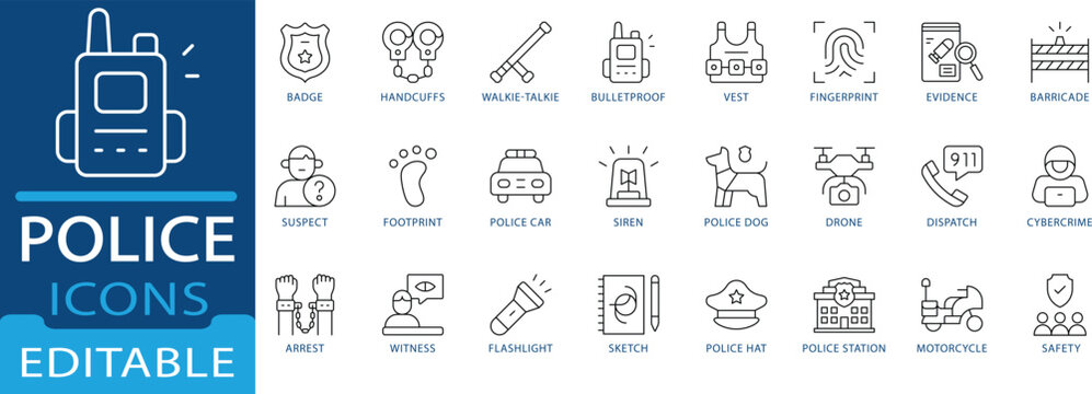 police and law enforcement line icon set featuring badge, handcuffs, walkie-talkie, police car, siren, fingerprint, evidence, and crime investigation interface icons.