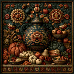 Obraz premium Ornate decorative illustration of an urn surrounded by autumn harvest fruits and vegetables