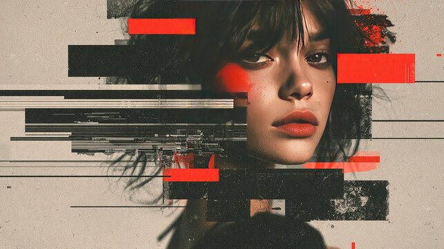 High‑contrast graphic artwork of woman profile portrait integrated with abstract stripes, digital artifacts, black geometry and red accent blocks on textured grey paper background