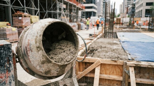 Sustainable concrete construction with calcined clay mix, reinforced formwork, curing blankets, fresh poured slabs, scaffolding, and stacked pallets at an urban build site.