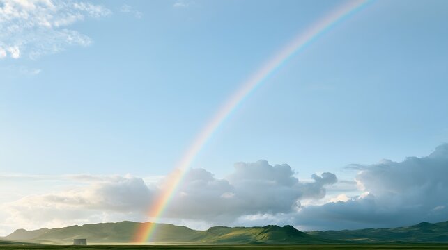 Stunning rainbow touching down on a green valley landscape with rolling hills and soft clouds