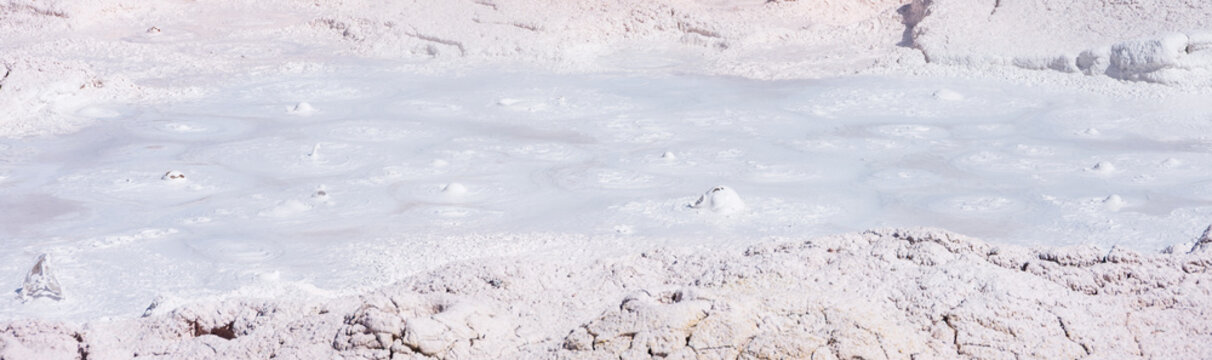Boiling pink mud of the Fountain Paint Pot mud pot, summer vacation at Yellowstone National Park viewing natural geothermal features
