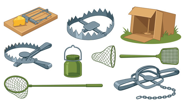 Animal Trap and Pest Control Equipment Vector Set with Mousetrap Bear Trap Box Snare Fly Swatter and Butterfly Catching Net Icons