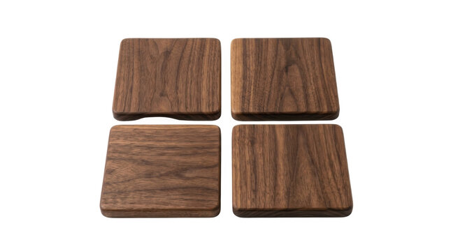 Four square wooden coasters with natural grain detail PNG Isolated on transparent background