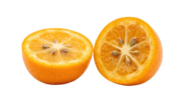 Two halves of a kumquat fruit showing juicy segments and seeds PNG Isolated on transparent background