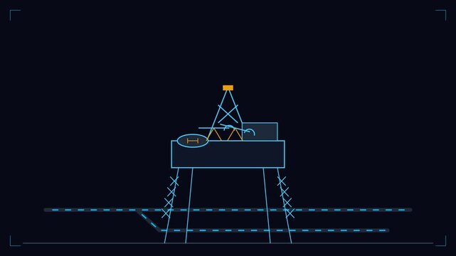 Digital line art illustration of an offshore oil drilling platform
