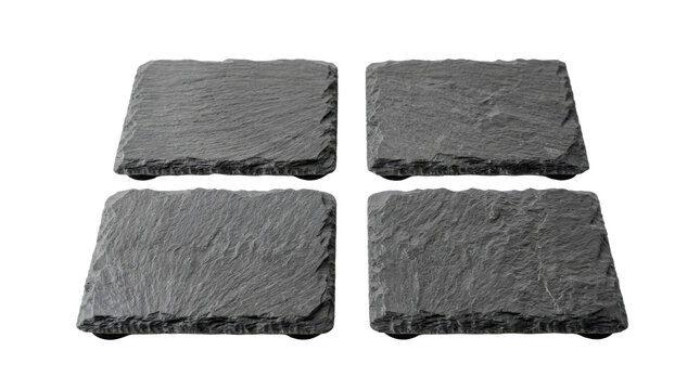 Set of four rectangular slate coasters with rough edges and cork bases PNG Isolated on transparent background