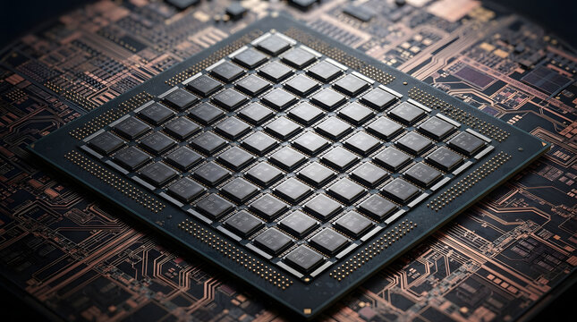 High performance computer processor chip with multiple square microchips on dark metallic circuit board surface.