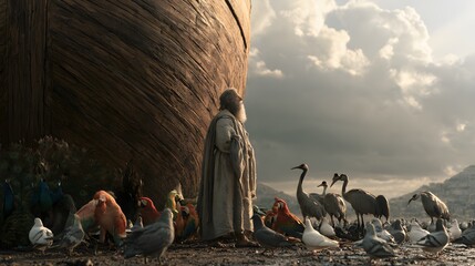 Naklejka premium Elderly noah looking up at the towering wooden ark surrounded by diverse birds