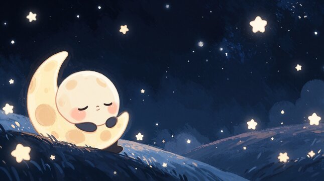 Cute cartoon moon character slepic peacefully on dark hill under starry sky. Yellow crescent moon with face dozes in night landscape. Magical evening atmosphere with glowing stars, deep blue space