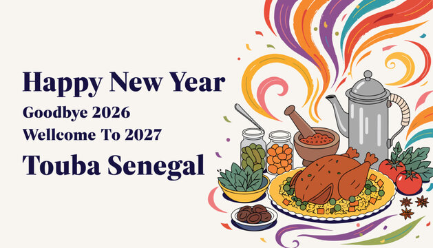 Happy New Year Touba Senegal 2027 Celebration Feast - Roasted Turkey, Spices, Confetti