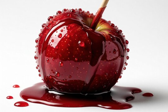 Glossy red candy apple with shiny sweet glaze on white background. Tasty fruit dessert with dripping caramel syrup, water drops. Delicious sugary treat with wooden stick for autumn carnival food