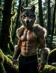 Naklejka premium Man in wolf mask stands in rich green forest. Muscular torso revealed, fur accents on shoulders and arms. Moody, wild atmosphere, nature setting.