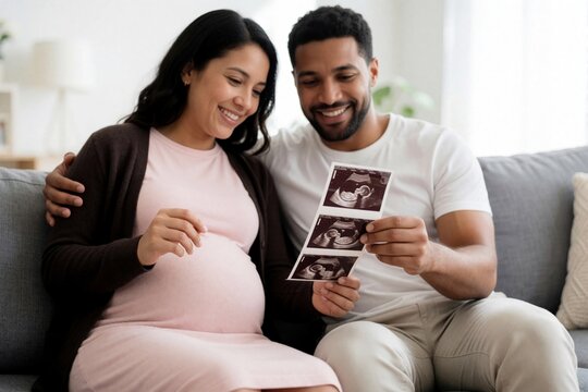 Pregnant woman and partner look at ultrasound photos on sofa. Happy couple anticipating baby, bonding over new life growing inside. Future parents excited.