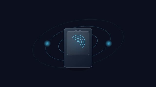 A futuristic digital card device emitting wireless signals in the dark