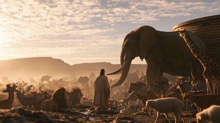 Naklejka premium Noah standing before the ark with many animals gathered