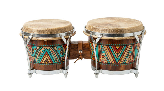 Decorative Bongo Drums with Tribal Pattern and Natural Wood Finish PNG Isolated on transparent background