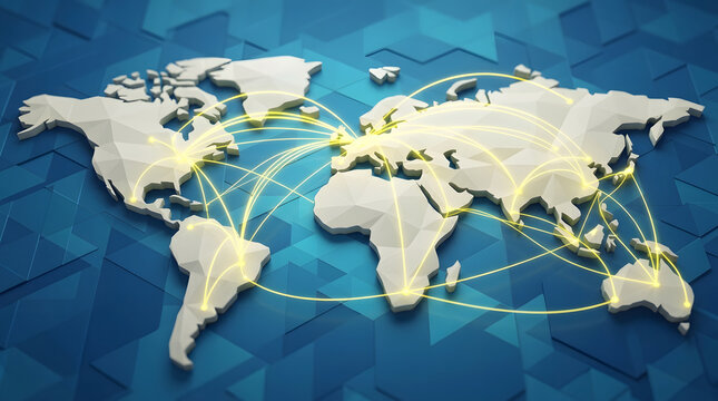 Low poly world map with interconnected glowing yellow light lines for global communication and network technology.