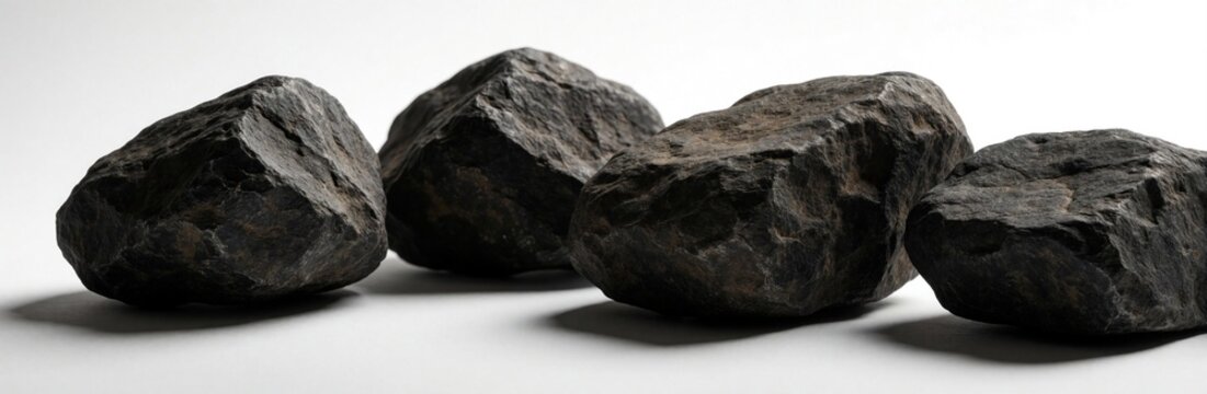 Four irregularly shaped dark grey rocks with rough textures cast faint shadows on white background. Stones vary in size, form, suggesting natural erosion geological diversity. Matte surfaces reveal