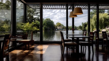 Fototapeta premium Serene Lakeside Dining Area with Large Windows and Natural Light
