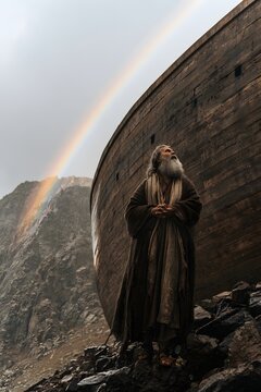 Elderly noah looking up at a rainbow next to the wooden ark on a rocky mountain