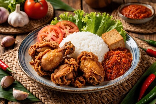 Crispy fried chicken pieces served with white rice, sambal chili paste, fresh tomatoes, lettuce, and fried tofu. A traditional Indonesian dish, pecel ayam, offers a spicy and savory meal.