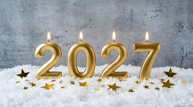 Four lit golden number-shaped candles spelling on a bed of white shredded paper with scattered gold and silver star confetti against a grey textured wall background featuring birthday featuring 2027