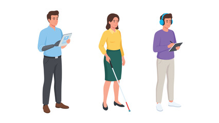 Fototapeta premium Diverse individuals with disabilities using assistive technology and aids for daily life.