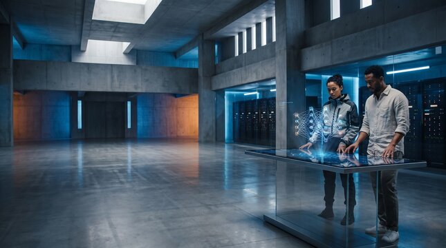 Two professionals collaborating over a futuristic holographic interface in a modern data center