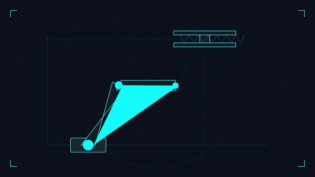 A technical schematic illustration showing mechanical linkage simulation on dark blue background