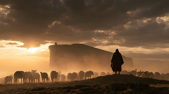 Noah standing before a massive ark with a herd of animals in a dusty landscape at sunset