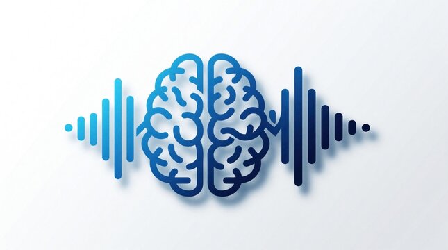 Abstract blue logo design showing human brain with digital sound waves. Creative concept represents neuroscience, mental health, audio technology. Minimalist graphic symbol for brain wave signal,