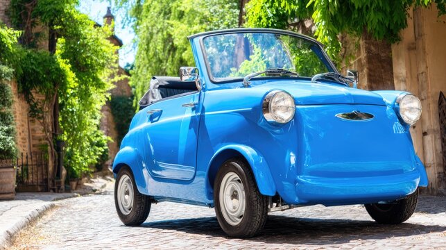 Brightly colored vintage microcar on cobblestone street in European old town, sunny day, shallow depth of field
