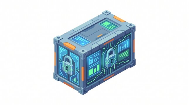 Isometric illustration of a smart shipping container with digital glowing security locks