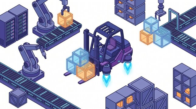 Isometric illustration of a sleek anti-gravity forklift lifting glowing energy boxes