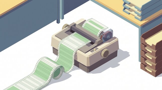 Isometric illustration of an old dot matrix printer printing a long shipping manifest