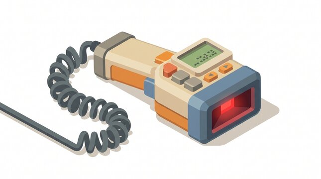 Isometric illustration of a chunky 1990s barcode scanner with a coiled wire