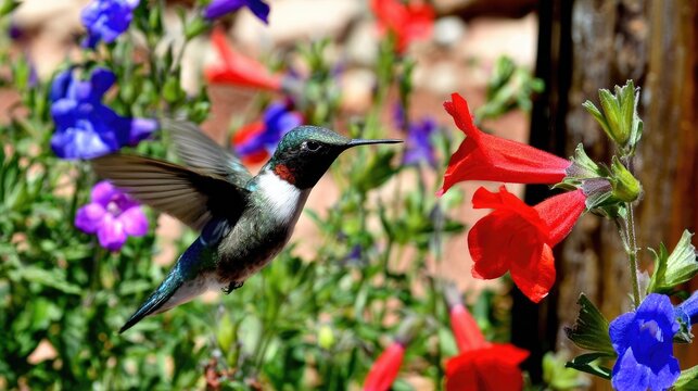Hummingbird hovering at colorful garden flowers, motion blur wings, sharp focus on bird, natural sunlight