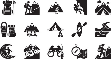 Fototapeta premium Black camping and hiking silhouette icon set for outdoor adventure travel vector