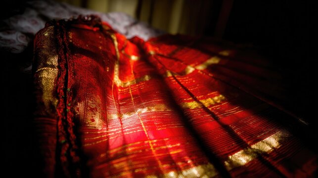 chador. Traditional Assamese silk garment with gold and red patterns on dark background. event programs, museum guides, designed for cultural heritage projects and event programs.