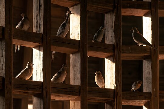 Doves resting in wooden nesting boxes inside an old barn with soft natural light
