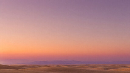 Fototapeta premium Desert dunes at sunset with purple sky, vast sand landscape under twilight, serene wilderness horizon in soft pastel colors
