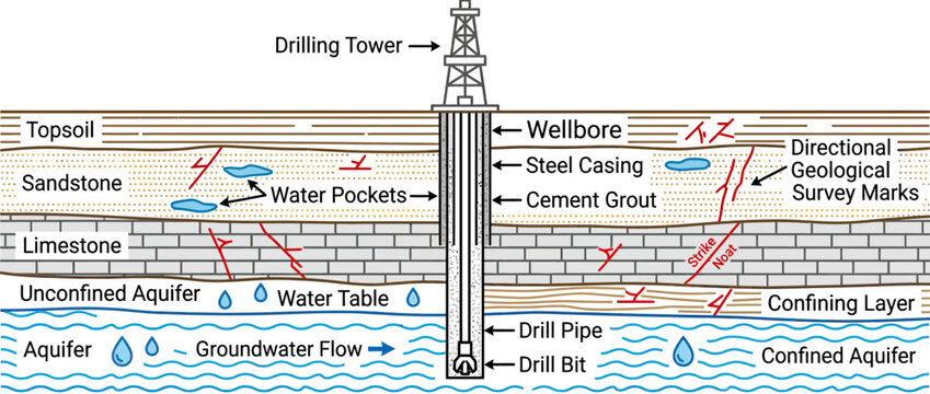 Cross-section of a geological drilling operation for water extraction.