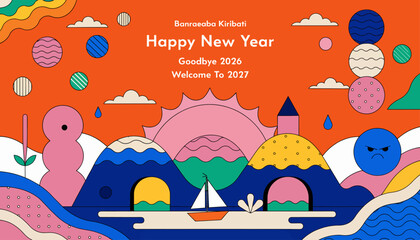 Naklejka premium Happy New Year 2027 Greeting Card with Abstract Landscape and Festive Elements
