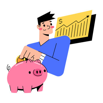A young man deposits a coin into a piggy bank, symbolizing savings and financial growth, with a rising stock graph in the background.