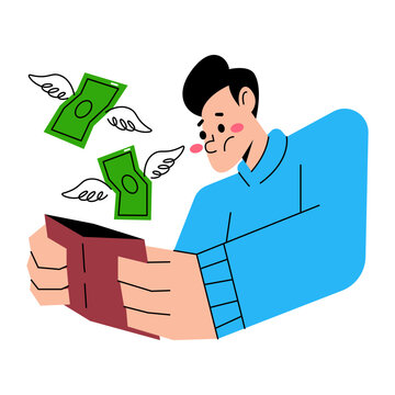 Man holding an empty wallet as money flies away with wings, illustrating financial loss or poverty