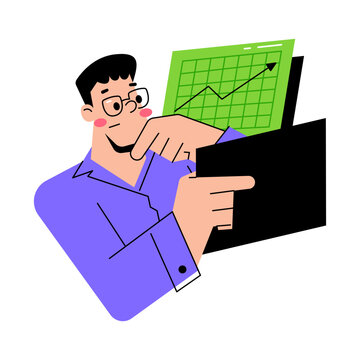 A man in glasses wearing a purple shirt, looking at a graph in a folder