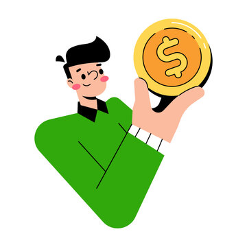 A happy person in a green shirt holding a large golden coin with a dollar sign on it, representing financial success.