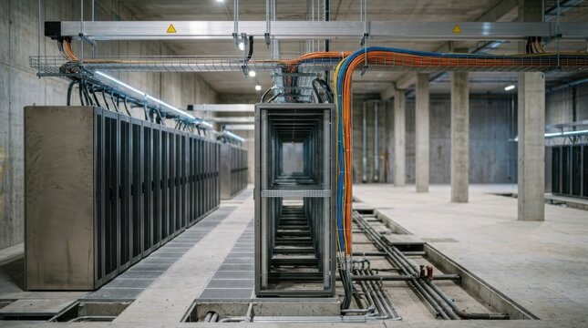 growing data center with empty server cabinets, cooling manifolds, fiber optic bundles, and overhead power busbars in a shell building